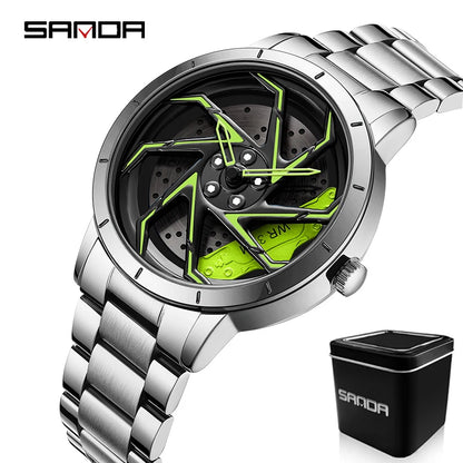 watch 
rim
wheel
dial
time
clock
spin
rotation
brakes
car
truck
suv
stainless
black
silver
green
red
leather