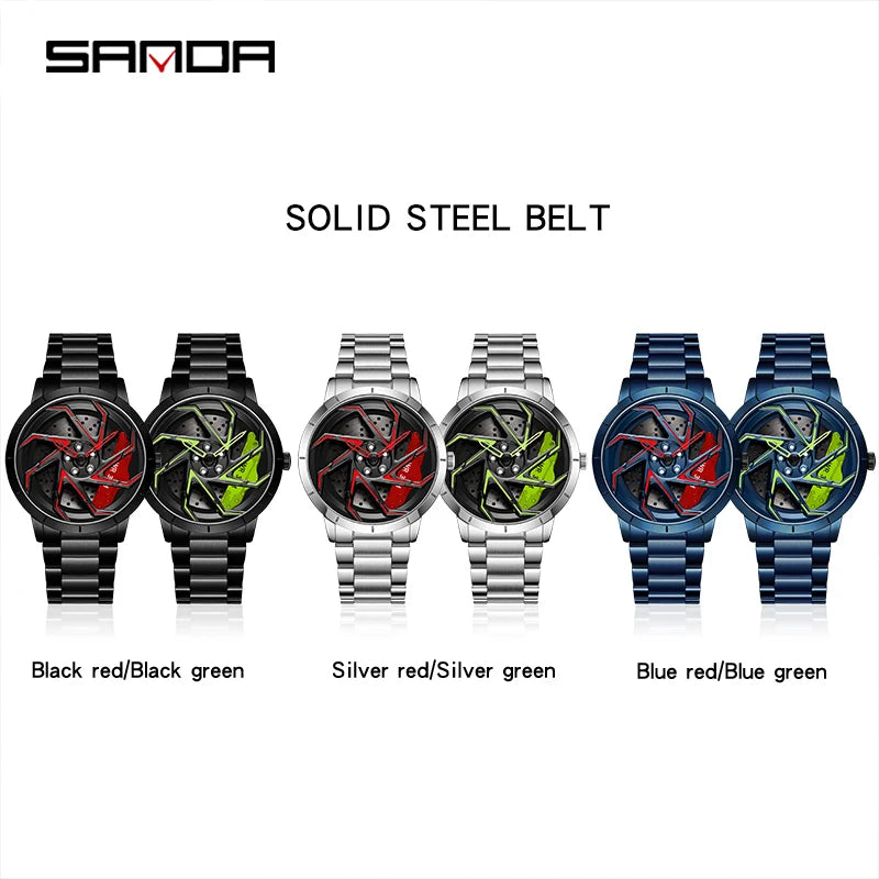 watch 
rim
wheel
dial
time
clock
spin
rotation
brakes
car
truck
suv
stainless
black
silver
green
red
leather