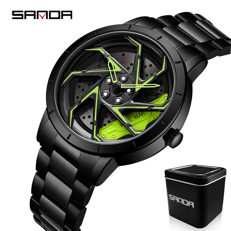 watch 
rim
wheel
dial
time
clock
spin
rotation
brakes
car
truck
suv
stainless
black
silver
green
red
leather