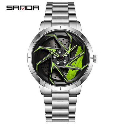 watch 
rim
wheel
dial
time
clock
spin
rotation
brakes
car
truck
suv
stainless
black
silver
green
red
leather