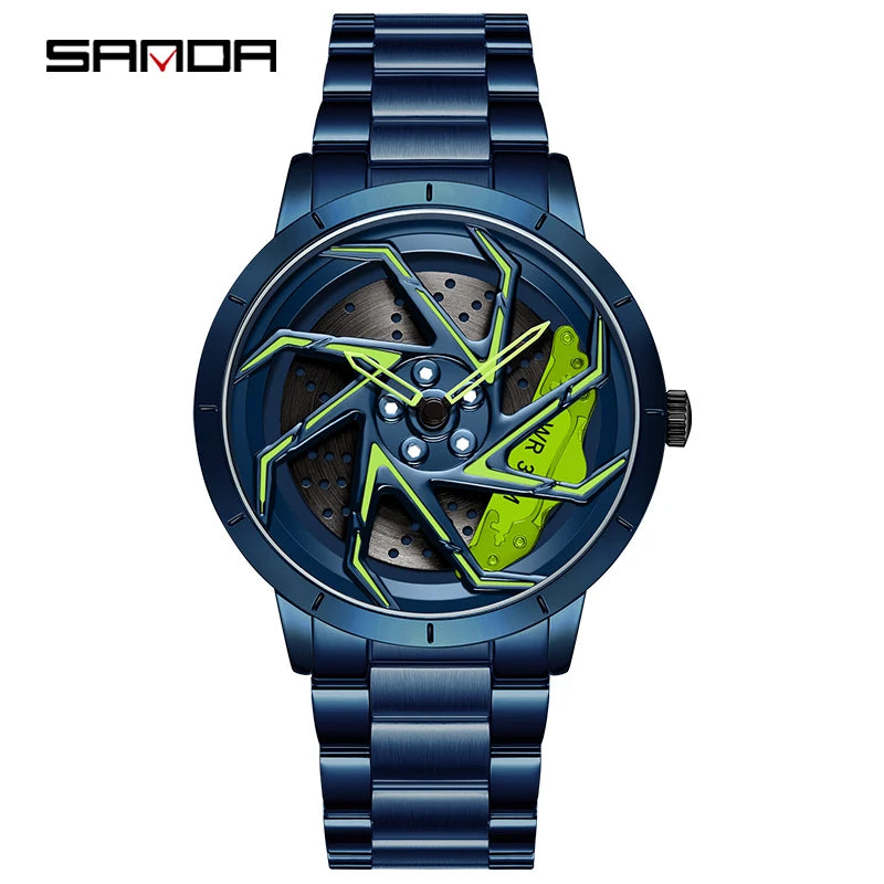 watch 
rim
wheel
dial
time
clock
spin
rotation
brakes
car
truck
suv
stainless
black
silver
green
red
leather